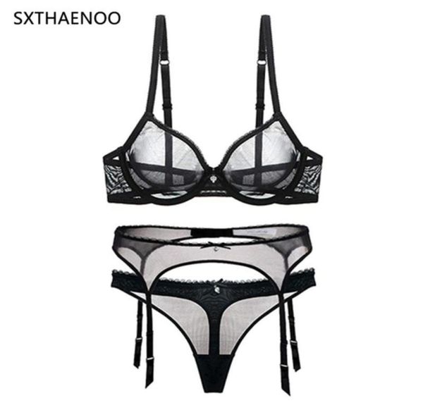 

sxth aenoo lace mesh bra set with garter belt lingerie soft cup bralette panty see through sleepwear for women6095244, Red;black
