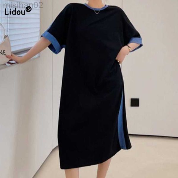 

basic casual dresses summer clothes for women plus size casual crew neck contrasting colors short sleeve loose mid-calf straight t-shirt bla, Black;gray