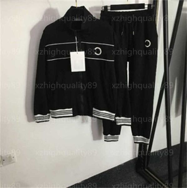 

women sports pants set designers tracksuits striped hem cuffs long sleeve stand collar jacket loose casual pants black two piece sets womens, White