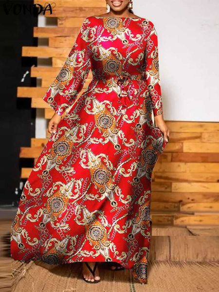 

basic casual dresses plus size 5xl vonda bohemian women maxi dress 2023 summer flare sleeve printed sundress belted casual loose pockets vin, Black;gray