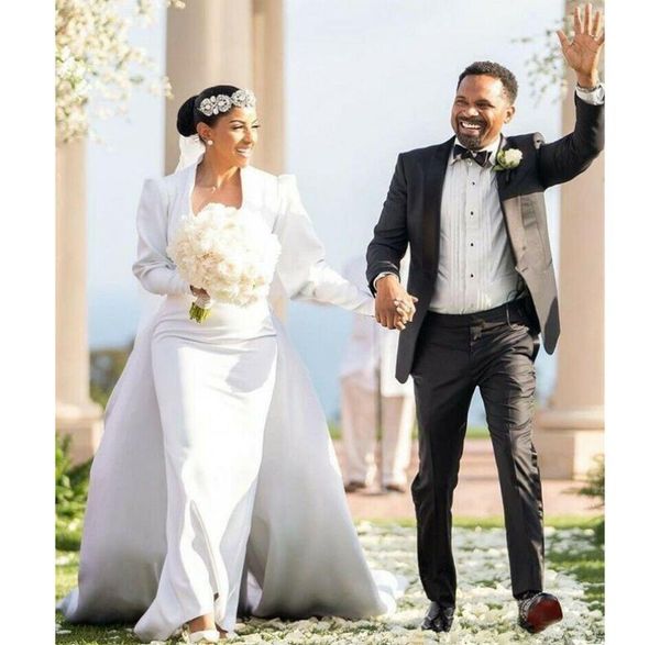 

elegant plunging deep v neckline mermaid wedding dresses with detachable train long sleeve satin church wedding gowns robes de mar8949421, White