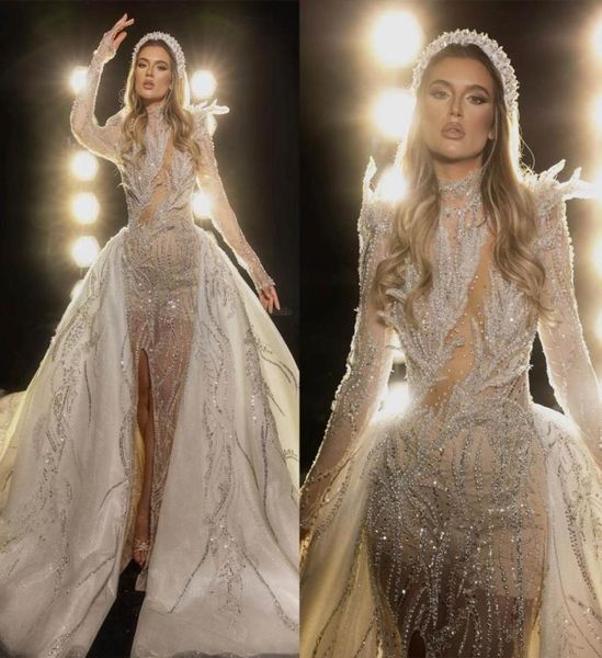 

glamorous mermaid wedding dresses jewel draped shining sequined beaded pearl front split slim court gown custom made plus size ves4616769, White