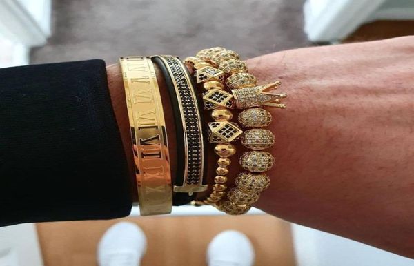 

jewelry men bracelets gold black hip hop hand made beaded bracelet set copper pave cz zircon crystal crown roman numeral bangles c4795152, Golden;silver
