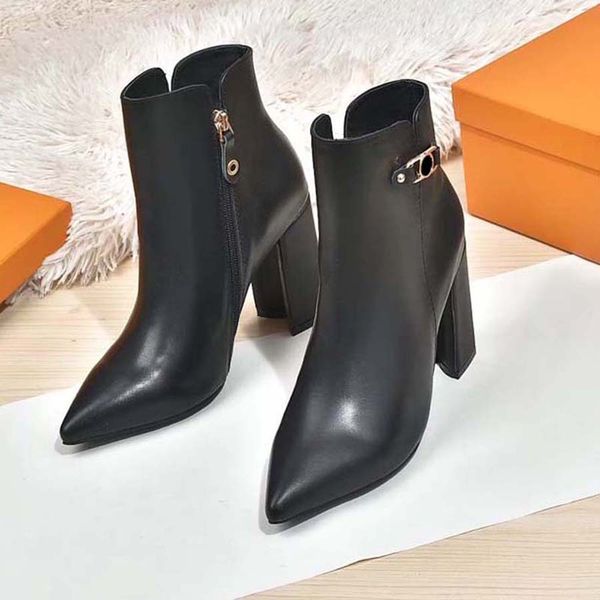 

classic vintage versatile high heeled waterproof platform color matching round pointed boots with thick heels, short boots with lace up mart, Black
