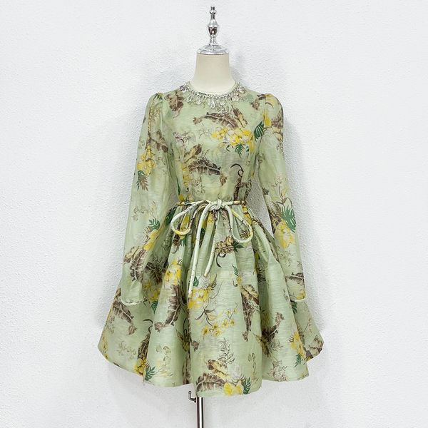 

casual dresses australian designer dress 2023 early autumn new silk and hemp vintage print panel long sleeve lace up dress, Black;gray
