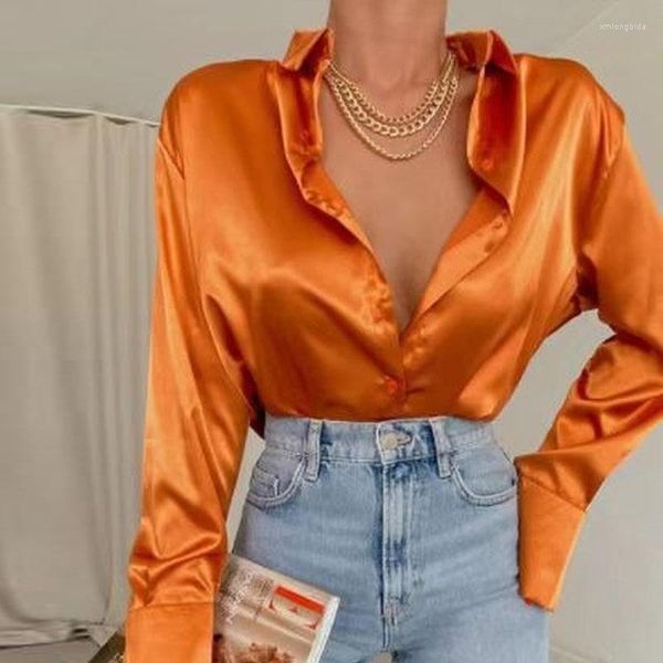 

women's blouses office lady long sleeve shirt vintage satin blouse fashion women autumn turn down collar loose clothes blusas 22717, White