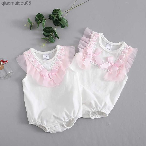 

summer lace bow newborn baby girls bodysuits white cotton jumpsuit onesie clothes l230712, Blue