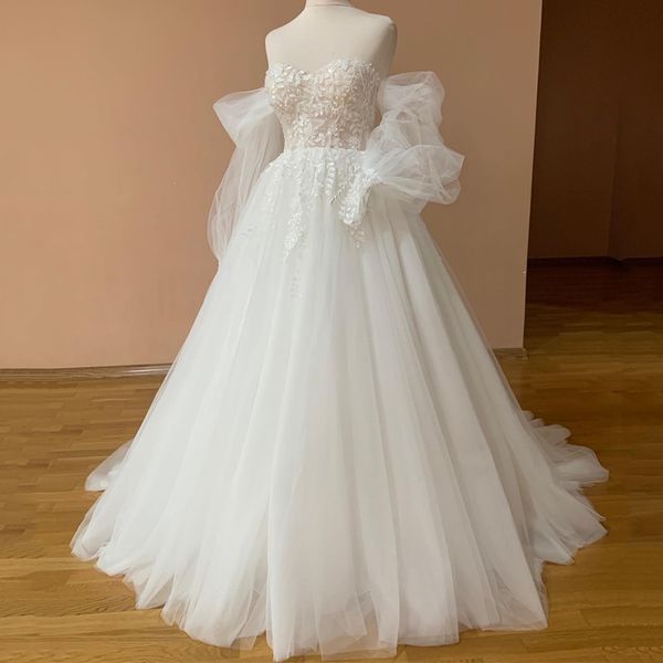 

2023 white sweetheart off shoulder long sleeves wedding gowns a-line tull princess women lace beading bride dress