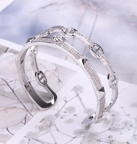 

luxury fashion brand jewelry lady brass double rows setting diamond square rivet h letter 18k gold engagement open bracelets ring 2837106, Silver