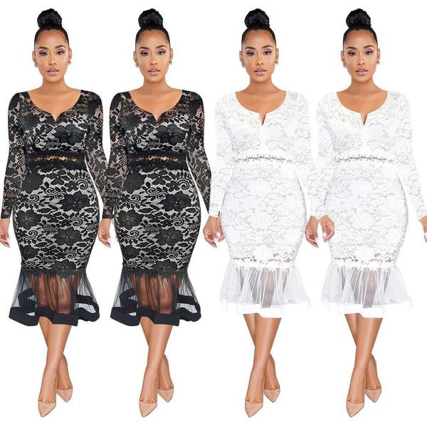 

womens v neck long sleeved lace fishtail dress with see through, Black;gray