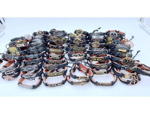 

200pcslot mix style metal leather cuff charm bracelets for men039s women039s jewelry party gifts bangle nyfdh5580221, Golden;silver