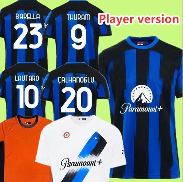 

player lautaro 22 23 24 thuram home soccer jerseys final barella eriksen dzeko milan correa away 2023 2024 third men kids kit football shirt, Black;yellow