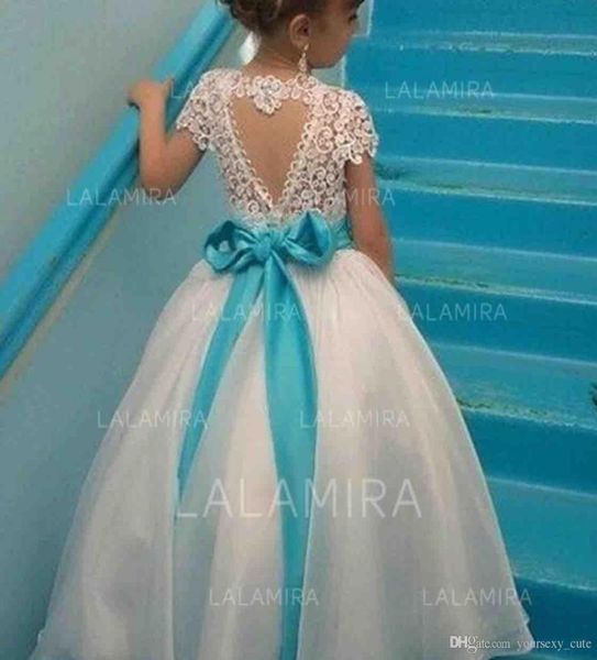 

lace flower girl dresses cap sleeves satin ribbon organza floor length ball gown children birthday party dresses8961425, White;blue