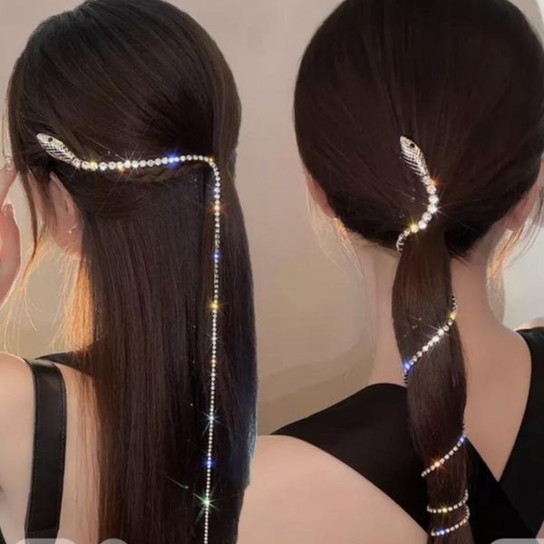 

snake hairpins hair clips for women girls, rhinestone tassel hair pins accessories, fashion design gold silver bling claw tennis chain charm, Golden;silver
