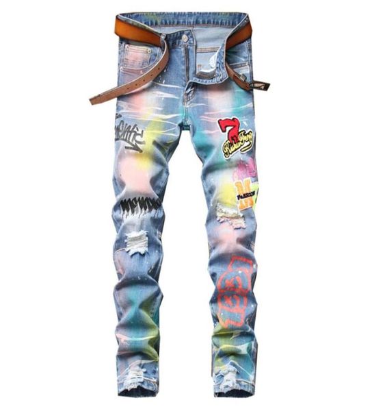 

men039s jeans colored painted printed denim fashion badge holes ripped pants patchwork stretch trousers8064431, Blue