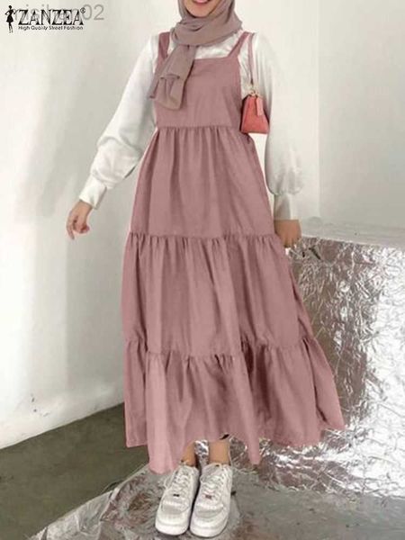 

basic casual dresses 2023 zanzea elegant muslim women straps dress turkey abaya hijab maxi long dresses autumn solid ruffles vestidos sundre, Black;gray