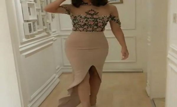 

2017 hi lo prom dresses sheath high neckline beaded embroidery in flowers and leaves beige color split evening dresses with short 4473175, Black