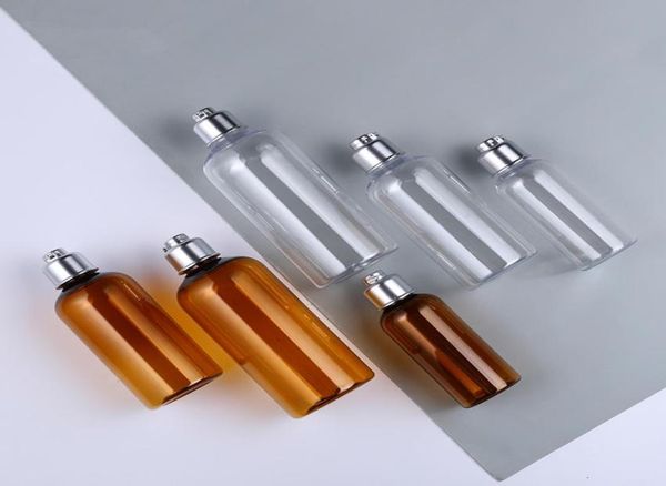

100m 200ml 300ml matte silver lids plastic bottle containers for cosmetics pp cap pet dispenser bottles amber clear4867923