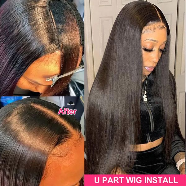 

Straight Wigs Cheap U Part Wig Brazilian Human Hair Wigs for Women Virgin Hair Glueless Middle U Shape Wig 180 Density Wholesale, Black