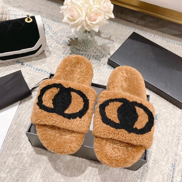 

channel woolskin for womens slipper sandale fluffy designer teddy bear sandal fashion house winter fur woman slide tazz casual shoe man flat, Black