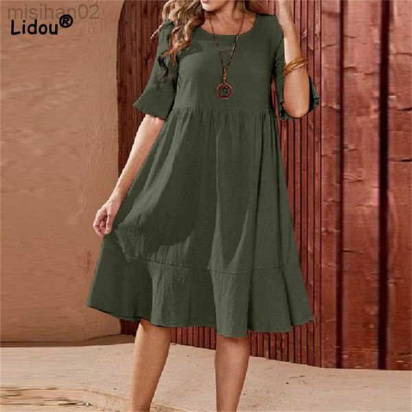 

basic casual dresses plus size clothes women casual pleated round neck flared short sleeved cotton linen dress summer solid color loose midi, Black;gray