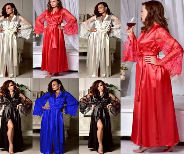 

women lace sleepwear nightgown satin silk robes long sleeve vneck bandage female sleep dress5001582, Black;red