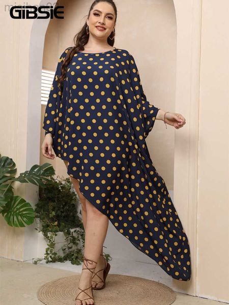 

basic casual dresses gibsie plus size polka dot o-neck beach dress women 2022 summer vacation oversized asymmetrical hem maxi long dresses b, Black;gray