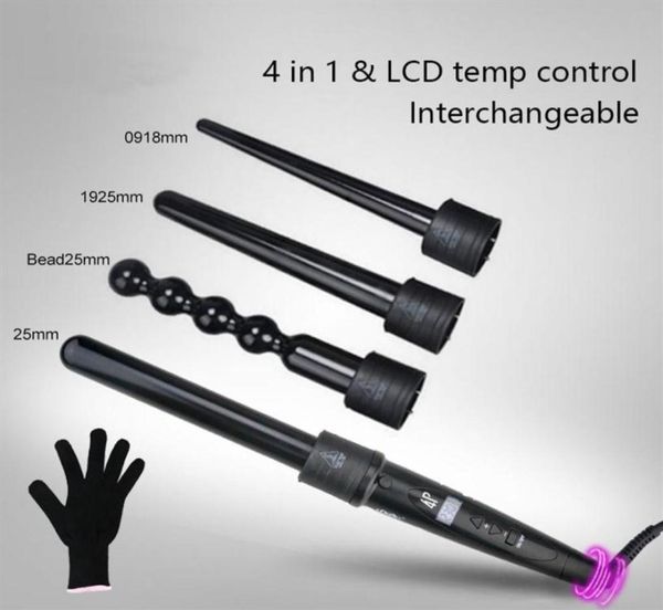 

lcd digital display unique bead curling wand 4 in 1 interchangeable hair curler iron with glove in set295n4371478