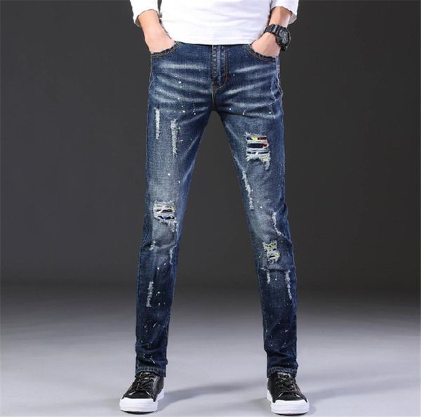 

2020 fashion casual jeans mens straight stretch dot craft little feet skinny jens men scratched blue hole denim tide pantses6863836388