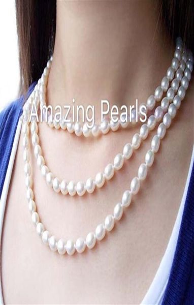 

handmade elegant 3row 67mm genuine rice pearl necklace 925 sterling silver 3row clasp24105775112
