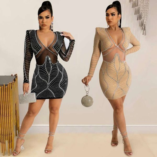 

fashion womens nightclub long sleeved drilling mesh see through dress, Black;gray