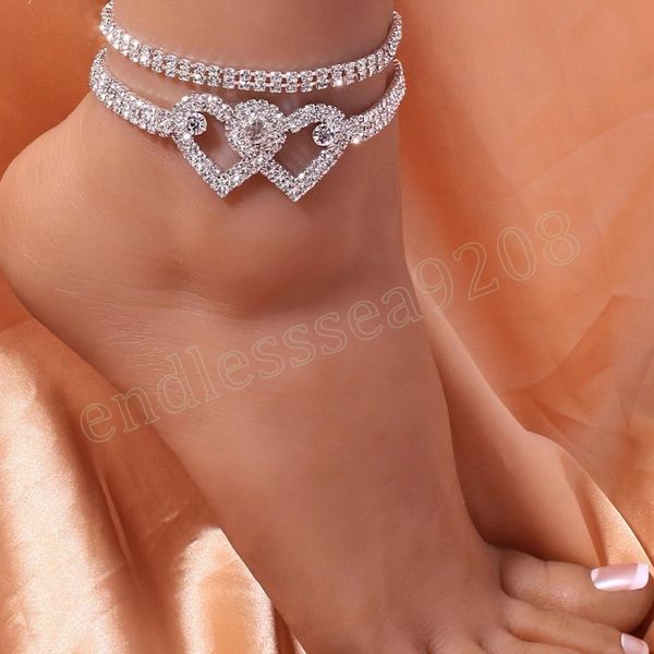 

silver rhinestone double heart anklets for women bling hollow out love foot chain luxury anklet bracelet for wedding party, Red;blue