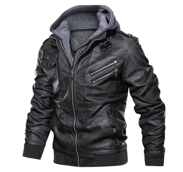 

men's leather jackets faux leather clothing double zippered hooded motorcycle coat with detachable hood jacket outerwear m-3xl shs2bg90, Black