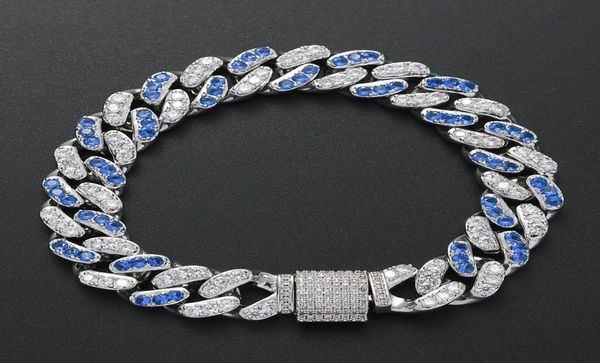 

new fashion charm bling iced out blue crystal cz bracelet silver zircon hiphop jewelry 12mm cuban link chain bracelets for women m7404869, Black