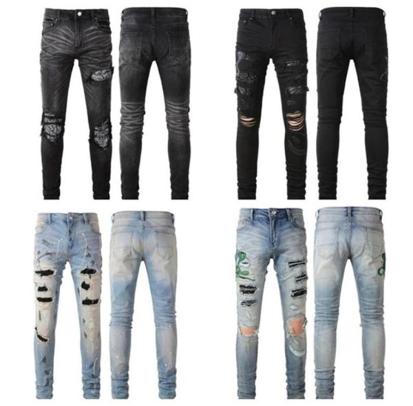 

mens jeans distressed motorcycle biker jean rock skinny slim ripped hole patchwork regular skinny designer high denim black pa3775594, Blue