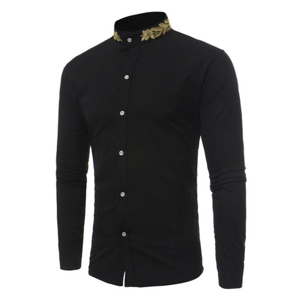 

men039s new fashion casual personality wheat ear embroidery stand collar shirt autumn winter male long sleeve shirt1185878, White;black