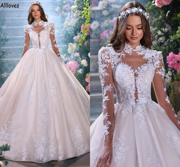 

high collar hollow neck saudi arabic wedding ballgowns illusion long sleeves lace appliqued puffy princess tulle bride ball gown vintage dub, White