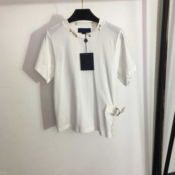 

2023 women designer t-shirt solid color short sleeve size s-l metal decorative round neck tees girl t shirt, White