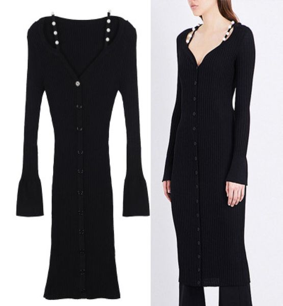 

2017 black v collar long sleeves long pullover women brand same style shoulder pearls bodycon knitting dress women dh3051056357