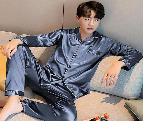 

navy blue men satin pajamas set 2pcs shirt pants plus size pyjamas suit long sleeve couple sleepwear nightwear 3xl 4xl 5xl8229458, Black;brown