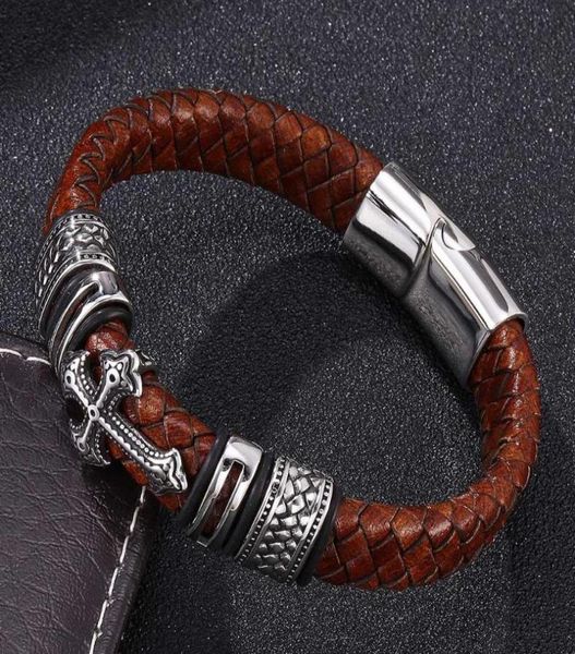 

quality vintage men jewelry brown braided leather cross bracelet stainless steel magnetic clasp mens handmade bangles bangle6477179, Black