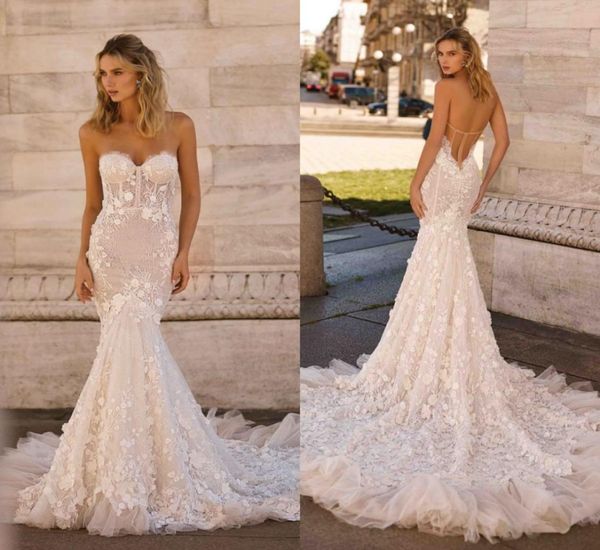 

berta mermaid lace backless wedding dresses beaded strapless neck 3d appliqued bridal gowns plus size sweep train tulle robes de m9672651, White