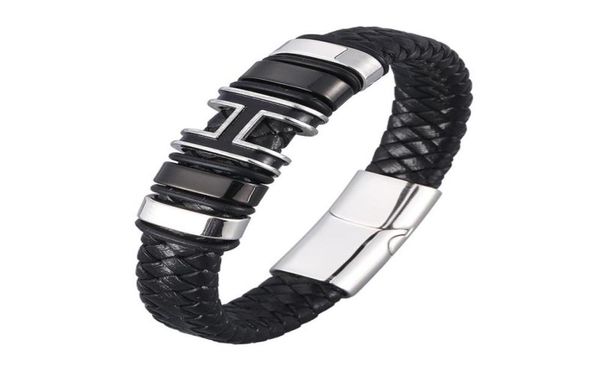 

charm bracelets genuine braided leather bracelet for men stainless steel magnet clasp h woven bangle trendy male wristband jewelry2127097, Golden;silver