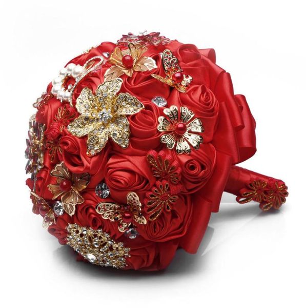 

china style red satin flowers bridal bouquets crystal brooch bridesmaid holding flowers handmade 2019 manual bouquet57848818892300