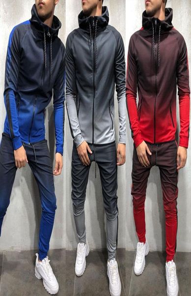 

mens tracksuit set gradient zip up hoodie bottoms jogging joggers gym sweats slim fit style5092968, Gray