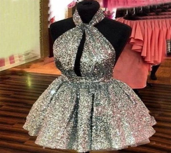

glittering sequined homecoming cocktail dresses 2021 backless halter short prom gowns a line puffy skirt formal party dress a2816977, Blue;pink