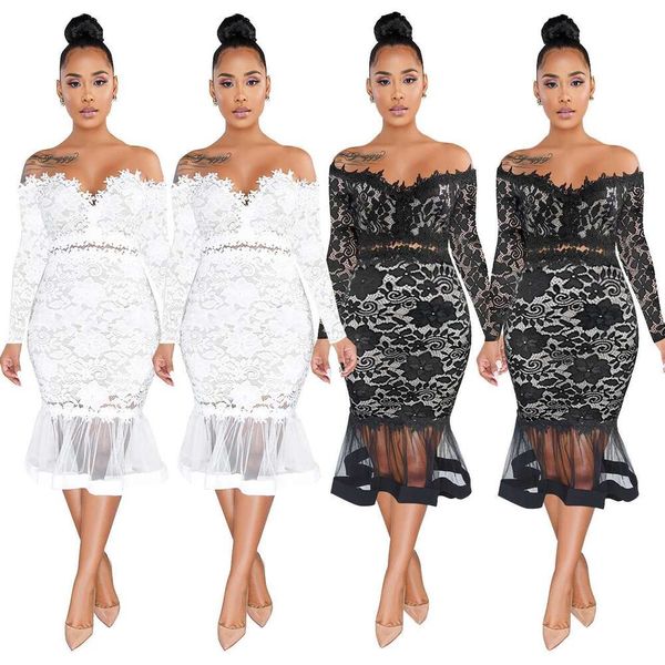 

womens off shoulder long sleeve lace fishtail dress with see through, Black;gray