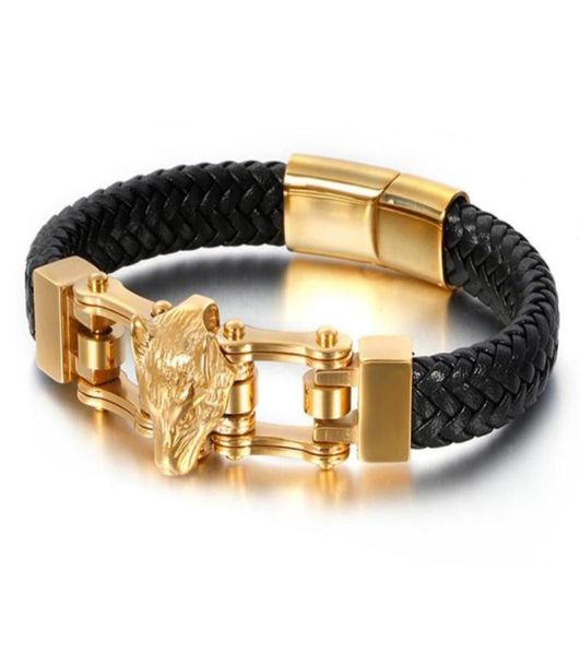 

12mm wide gold tone 316l stainless steel wolf head bracelet bangle gift black lenther wristed bracelet gift 826quot59056748093710, Golden;silver