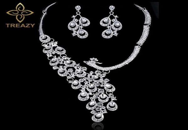 

luxury silver color crystal bride wedding jewelry set charm peacock design necklace earrings set women bridal party jewelry d181004414411