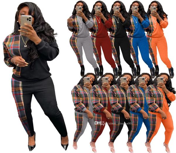 

2022 new autumn womens panelled tracksuits 3xl clothes fashion casual positioning plaid printed sweater two piece jogger set5028213, Gray